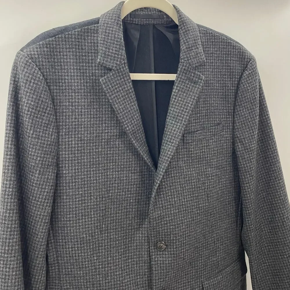 AllSaints Men’s 40 Suit Coat Blazer Wool Blend Leather Elbow Patches Gray Black